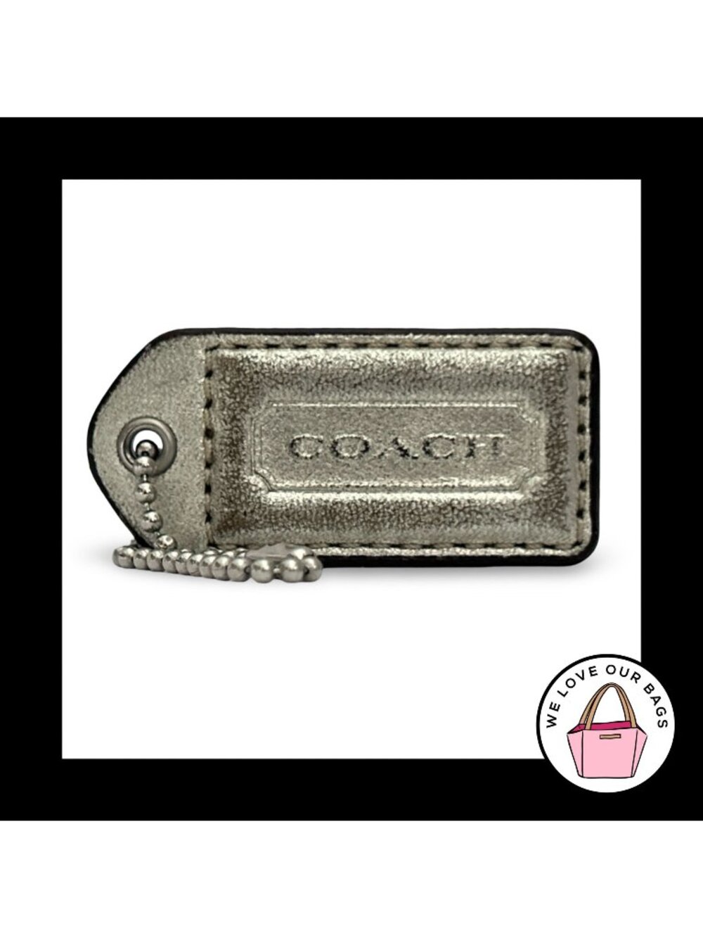 COACH Y2K VINTAGE Hang Tag 2" Silver Metallic Leather Bag Charm Keychain Fob